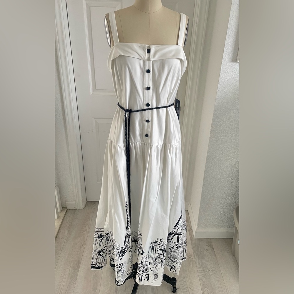 Karl Lagerfeld White Midi Dress with Black Buttons and Printed Hem
